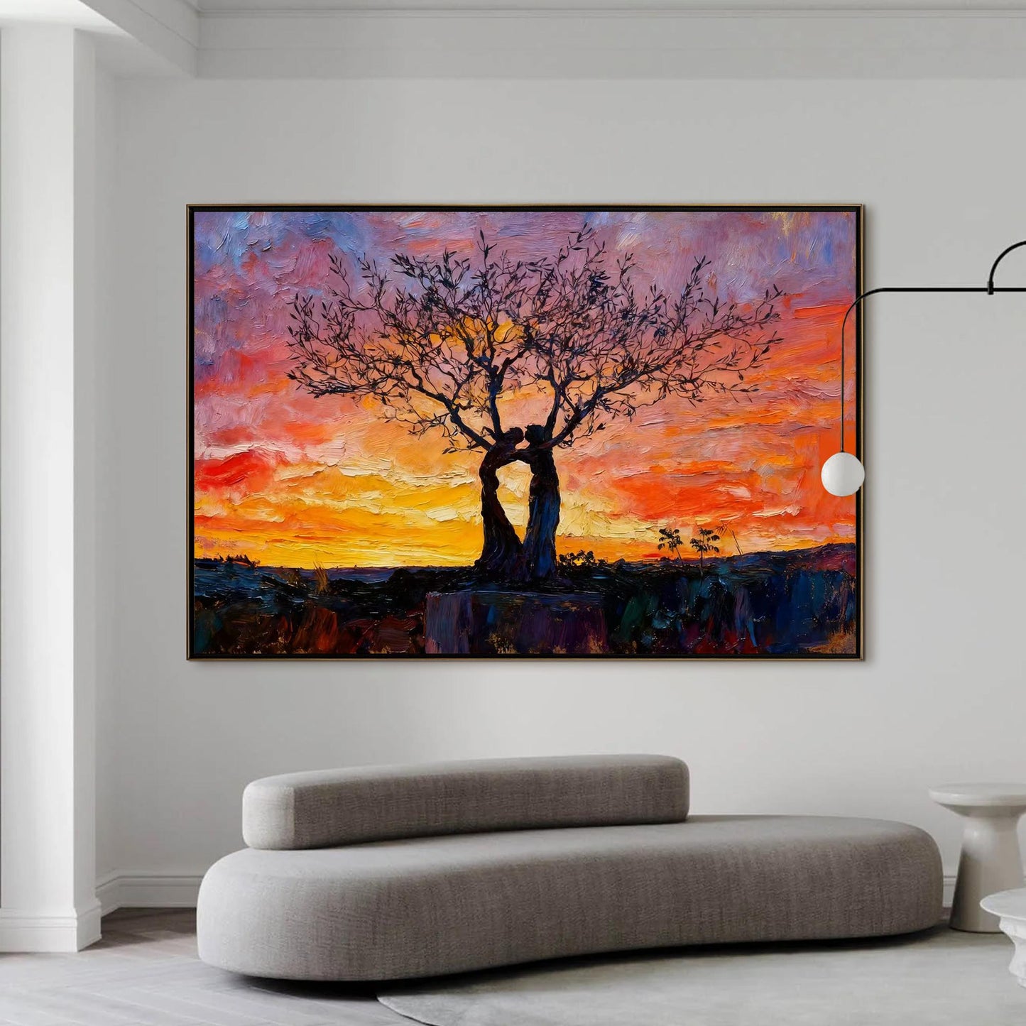 Orange and Red Abstract Expressionist Impasto Couple Figure Portrait Wall Art – Embracing Trees