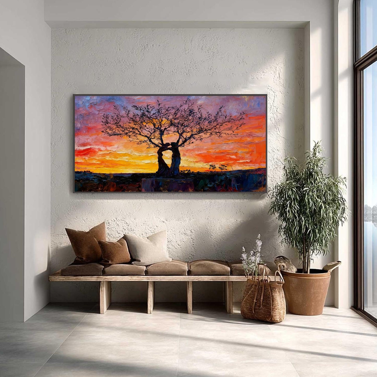 Embracing Trees – Orange and Red Couple Figure Portrait Wall Art | Abstract Expressionist Impasto Hand-Painted Oil Painting, 