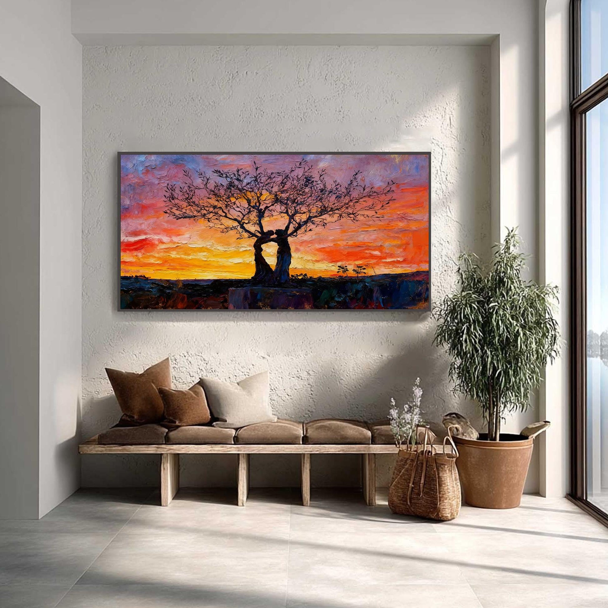 Embracing Trees – Orange and Red Couple Figure Portrait Wall Art | Abstract Expressionist Impasto Hand-Painted Oil Painting, 