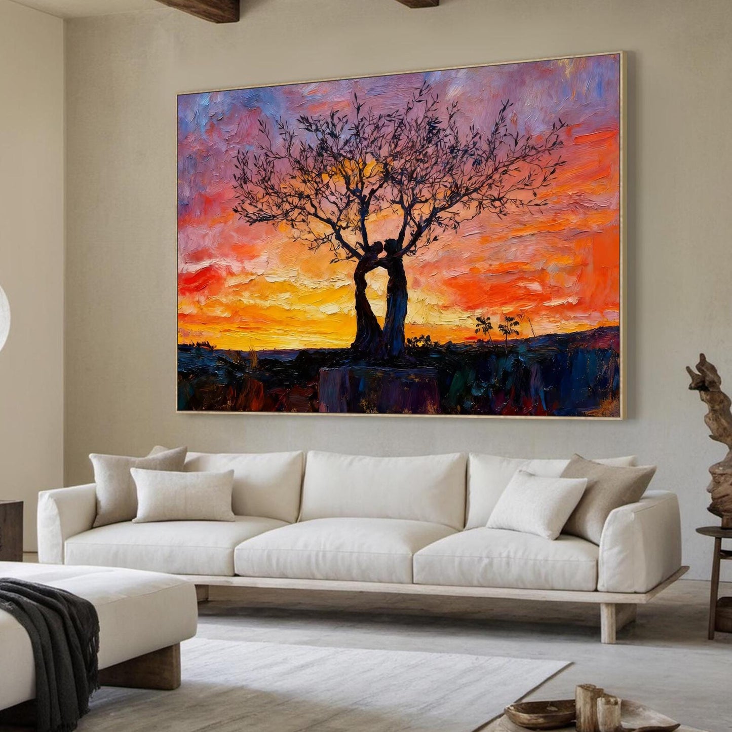 Embracing Trees – Orange and Red Couple Figure Portrait Wall Art | Abstract Expressionist Impasto Hand-Painted Oil Painting, 
