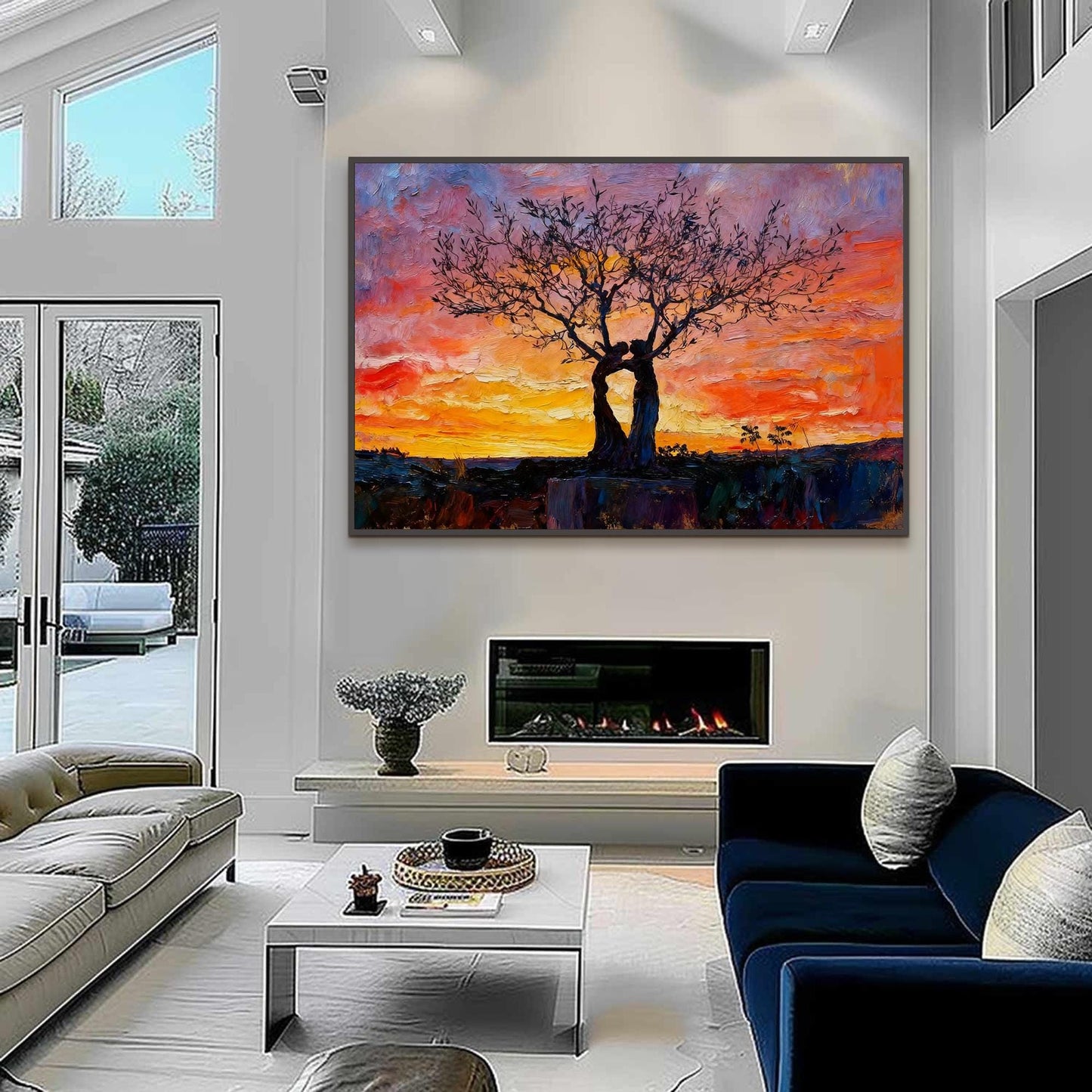 Orange and Red Abstract Expressionist Impasto Couple Figure Portrait Wall Art – Embracing Trees