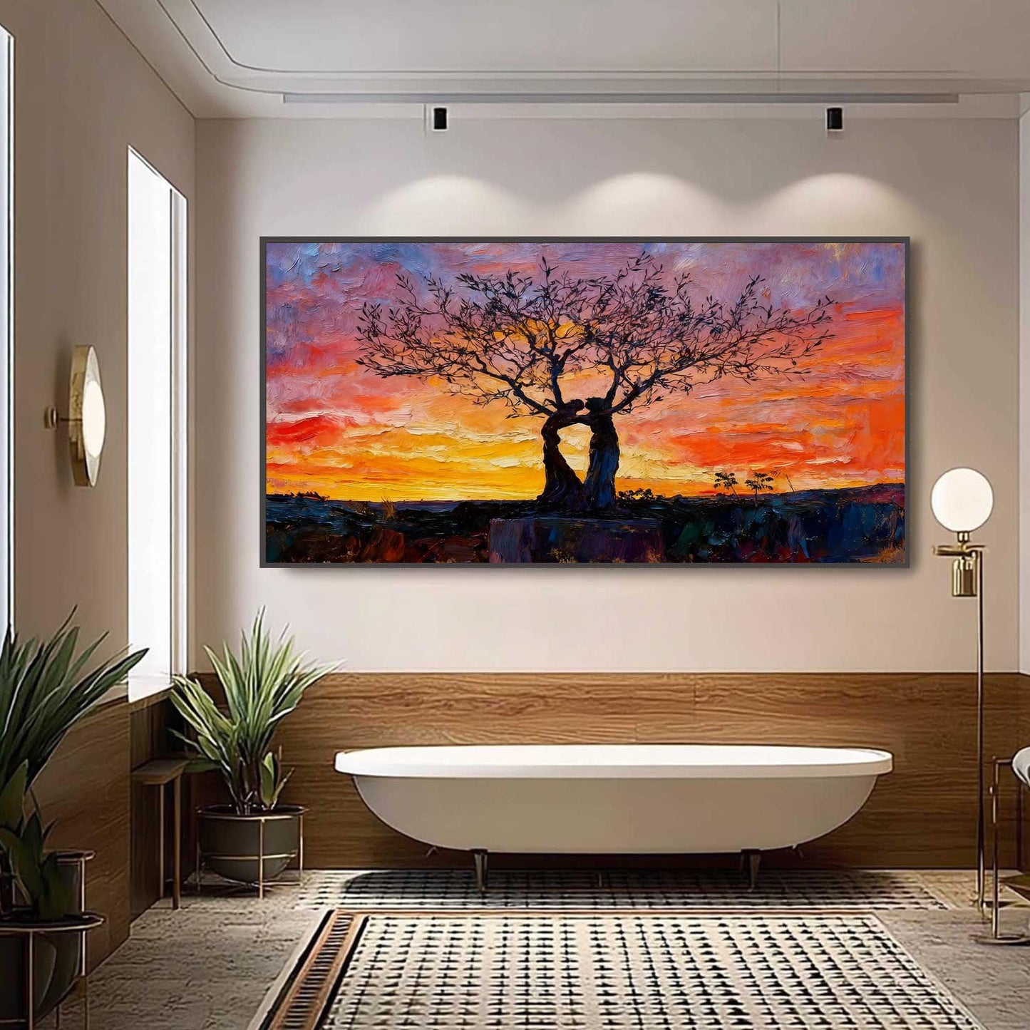 Orange and Red Abstract Expressionist Impasto Couple Figure Portrait Wall Art – Embracing Trees