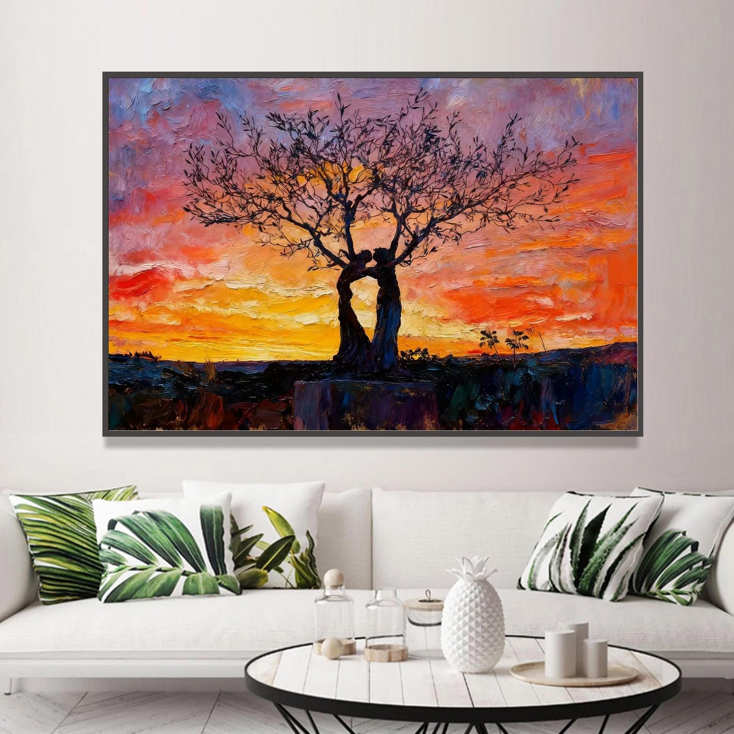 Embracing Trees – Orange and Red Couple Figure Portrait Wall Art | Abstract Expressionist Impasto Hand-Painted Oil Painting, 