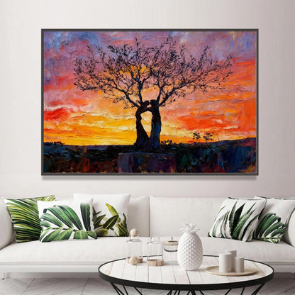 Embracing Trees – Orange and Red Couple Figure Portrait Wall Art | Abstract Expressionist Impasto Hand-Painted Oil Painting, 