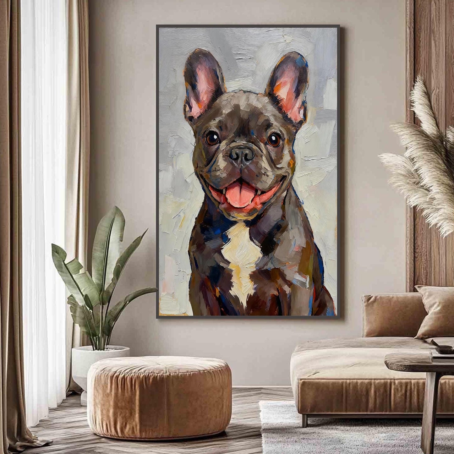 Grey Textured Dog Animal Wall Art – Hand-Painted French Bulldog