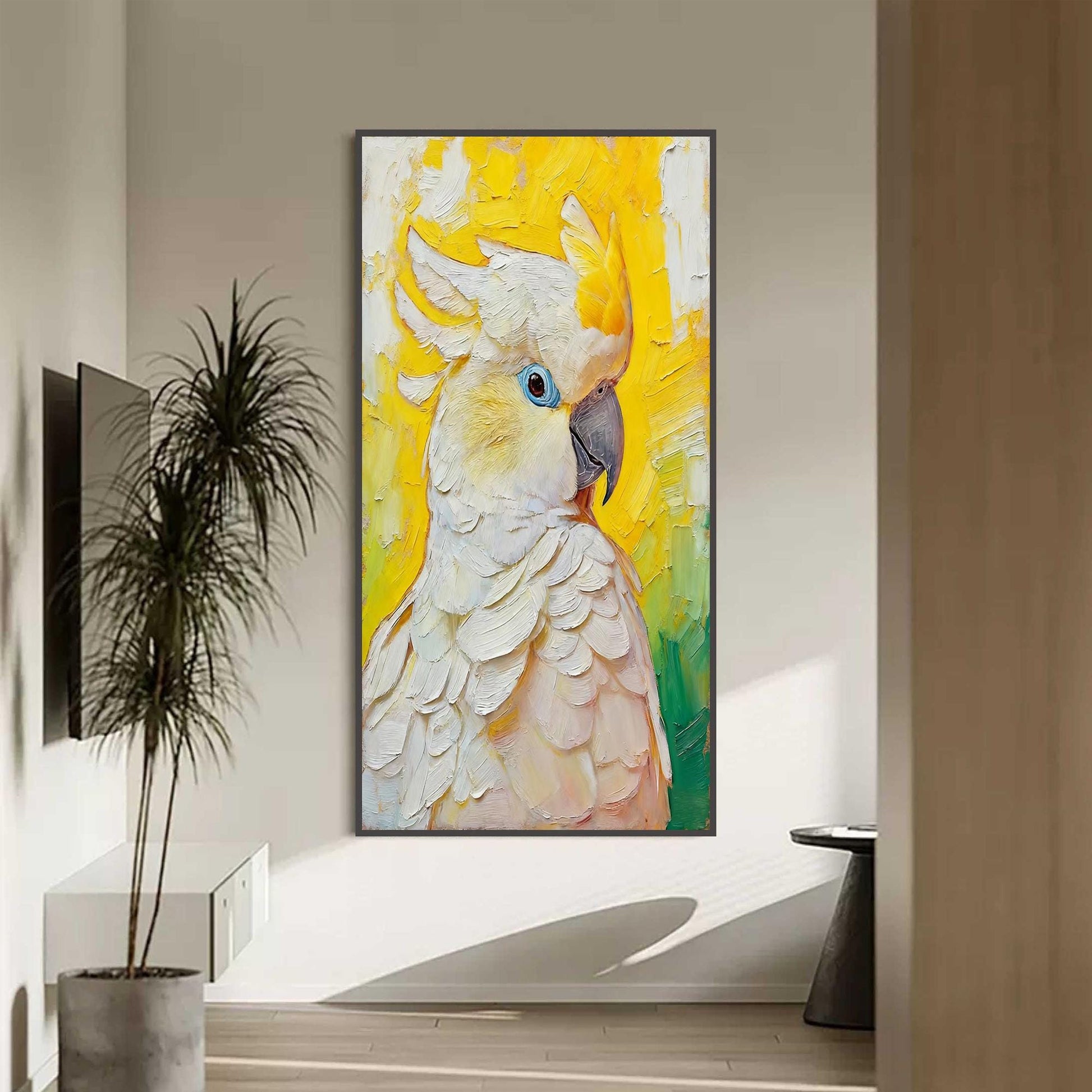 Hand-Painted White Cockatoo – Blue and Yellow Bird Animal Wall Art | Impasto Hand-Painted Oil Painting, view 4