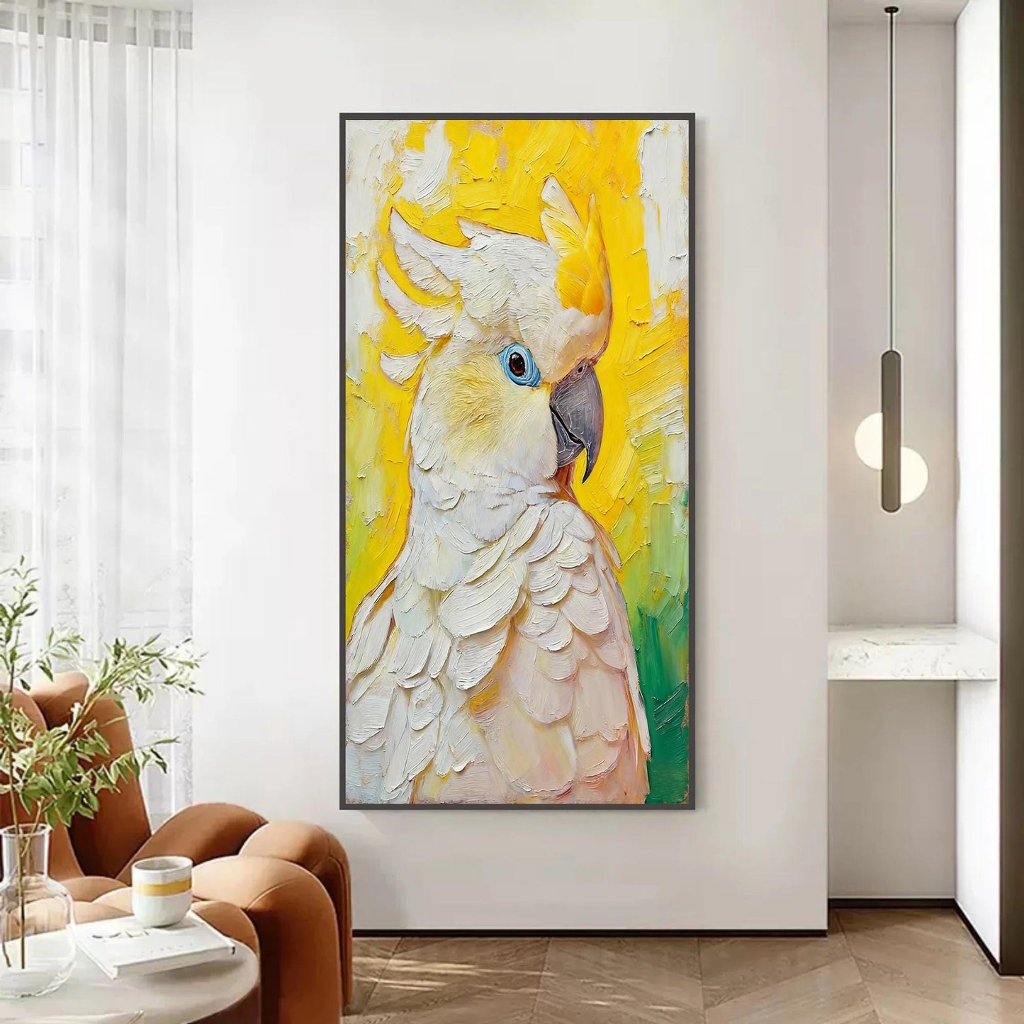 Blue and Yellow Impasto Bird Animal Wall Art – Hand-Painted White Cockatoo
