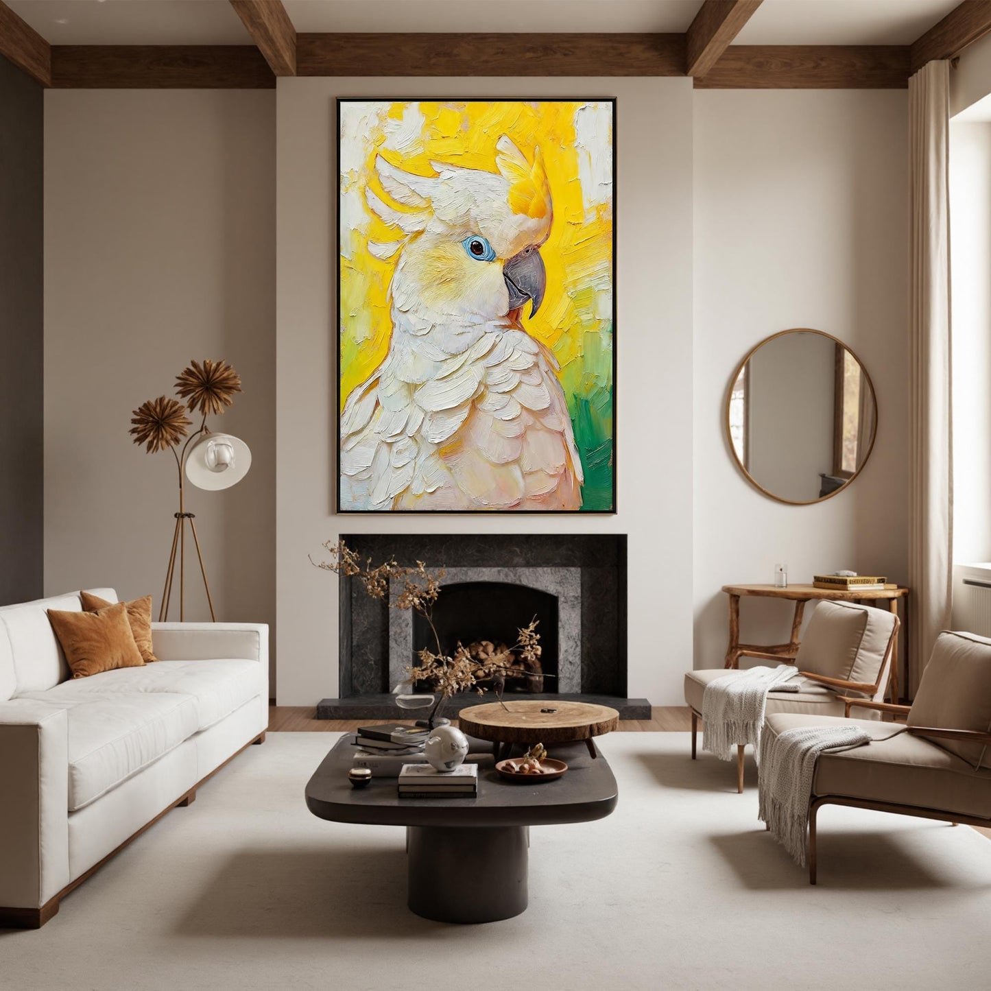 Blue and Yellow Impasto Bird Animal Wall Art – Hand-Painted White Cockatoo