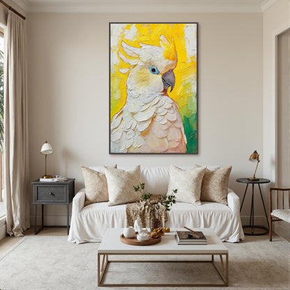 Hand-Painted White Cockatoo – Blue and Yellow Bird Animal Wall Art | Impasto Hand-Painted Oil Painting, view 2