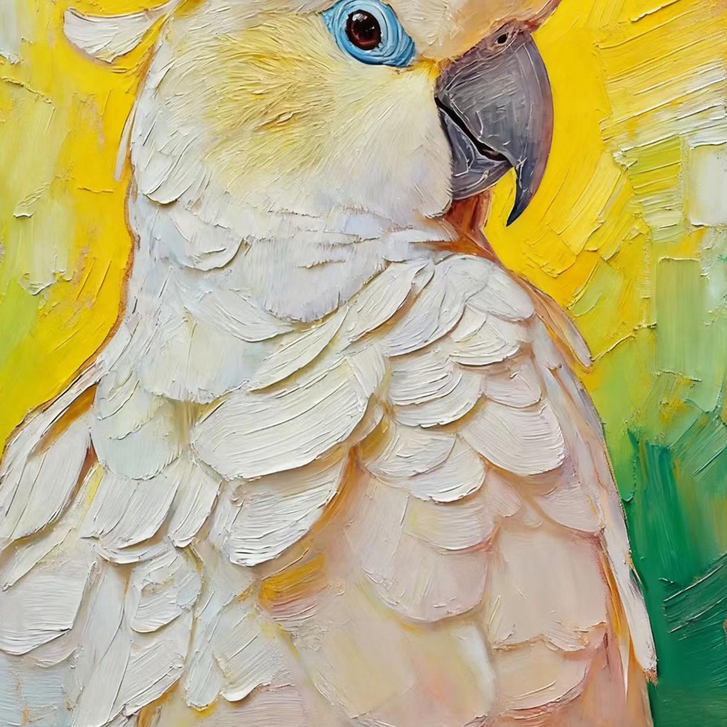 Blue and Yellow Impasto Bird Animal Wall Art – Hand-Painted White Cockatoo