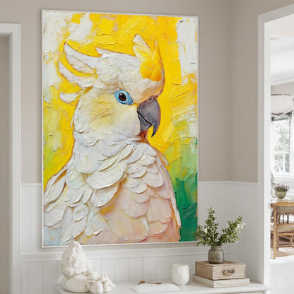 Hand-Painted White Cockatoo – Blue and Yellow Bird Animal Wall Art | Impasto Hand-Painted Oil Painting, view 1