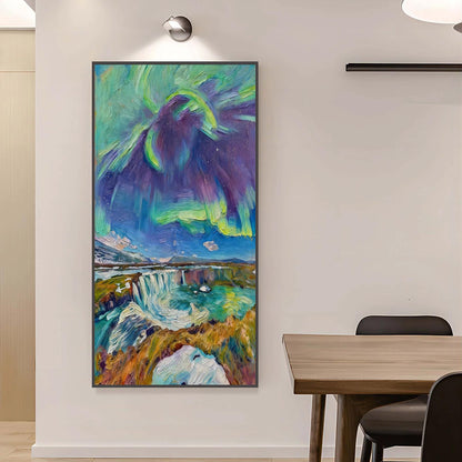 Colorful Impasto Waterfall Landscape Wall Art – Textured Northern Lights Painting