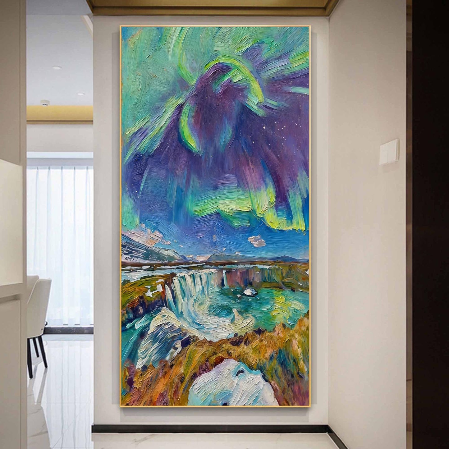 Textured Northern Lights Painting, Iceland Waterfall Impasto Art, Moody Landscape Wall Art – Colorful Waterfall Landscape Wal