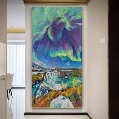 Textured Northern Lights Painting, Iceland Waterfall Impasto Art, Moody Landscape Wall Art – Colorful Waterfall Landscape Wal