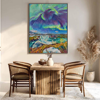 Colorful Impasto Waterfall Landscape Wall Art – Textured Northern Lights Painting