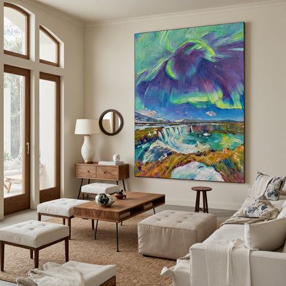 Textured Northern Lights Painting, Iceland Waterfall Impasto Art, Moody Landscape Wall Art – Colorful Waterfall Landscape Wal