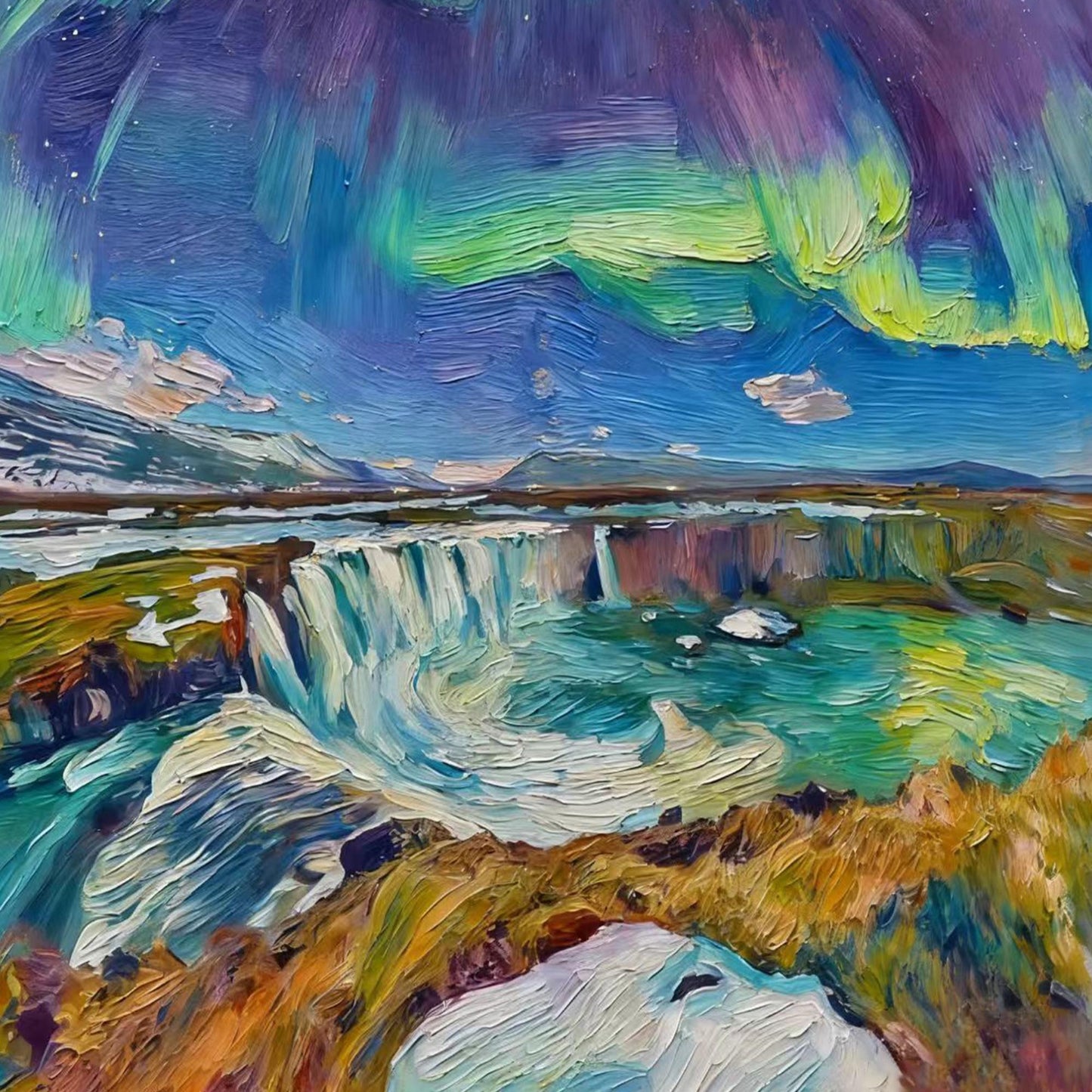 Textured Northern Lights Painting, Iceland Waterfall Impasto Art, Moody Landscape Wall Art – Colorful Waterfall Landscape Wal