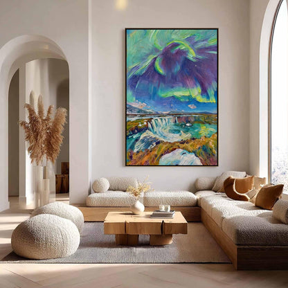 Textured Northern Lights Painting, Iceland Waterfall Impasto Art, Moody Landscape Wall Art – Colorful Waterfall Landscape Wal