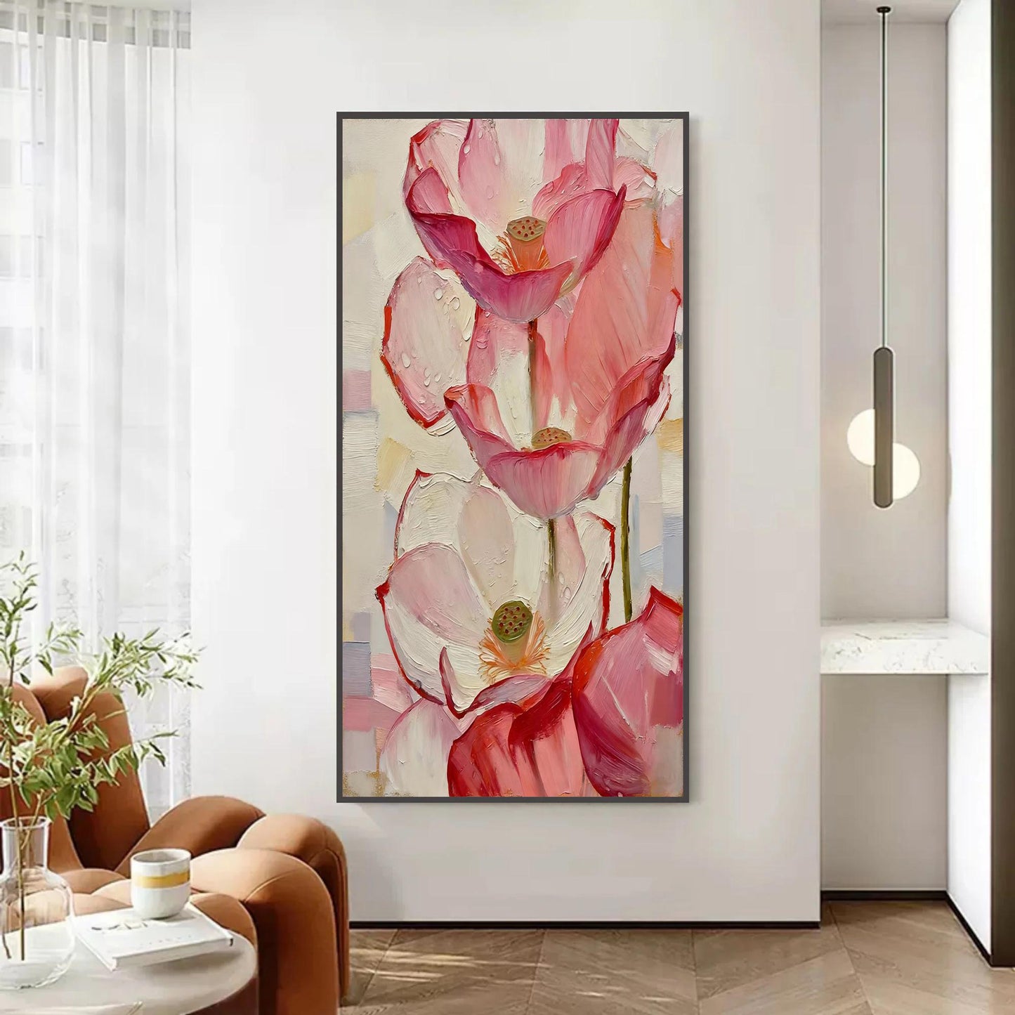 Large Pink Lotus – Pink and White Lotus Floral Wall Art | Impasto Painting, view 4