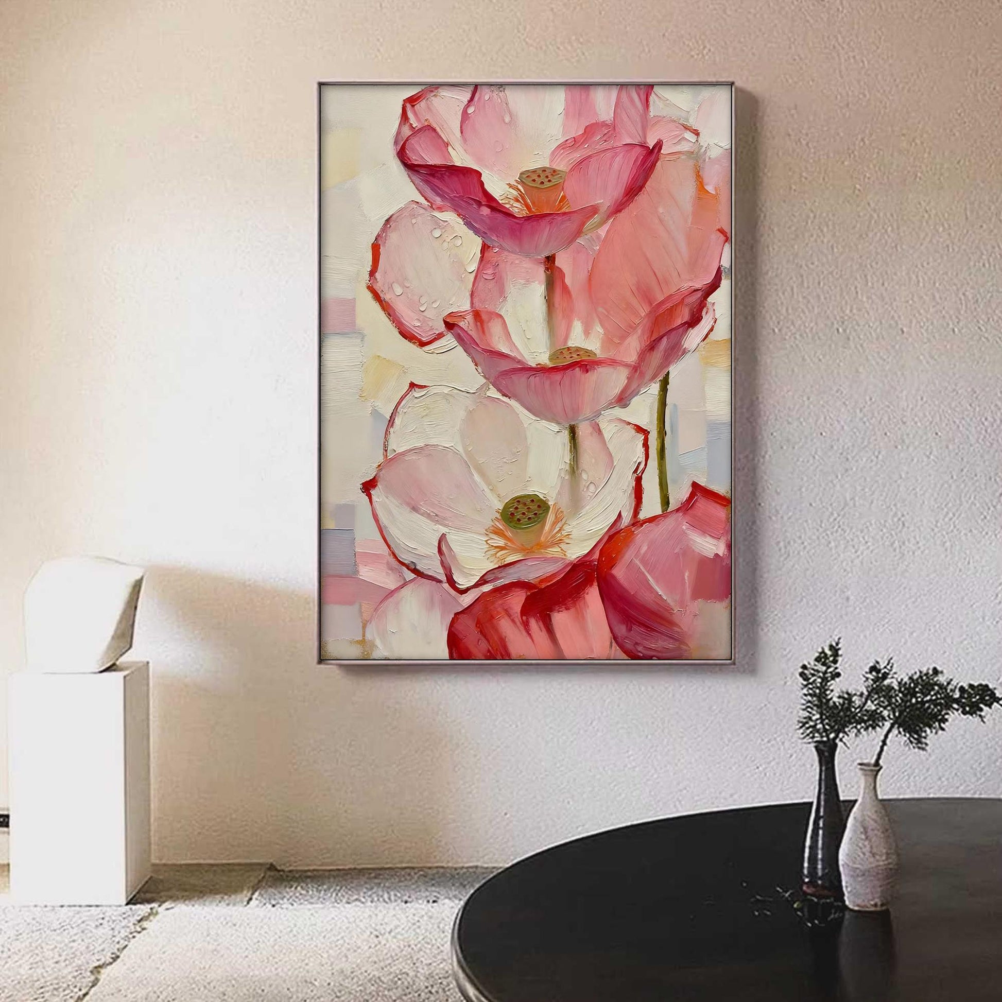 Large Pink Lotus – Pink and White Lotus Floral Wall Art | Impasto Painting, view 1