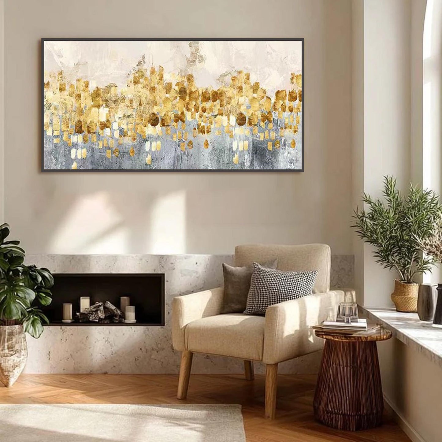 Panoramic Gold and Grey Minimalist Textured Botanical Leaf Wall Art Painting