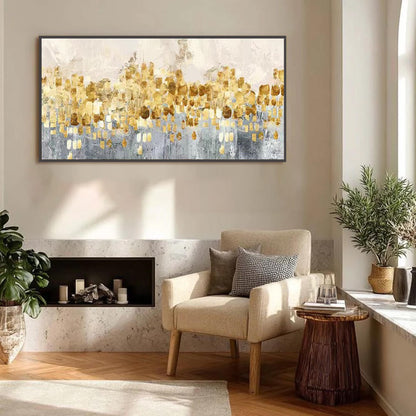 Panoramic Gold and Grey Minimalist Textured Botanical Leaf Wall Art Painting