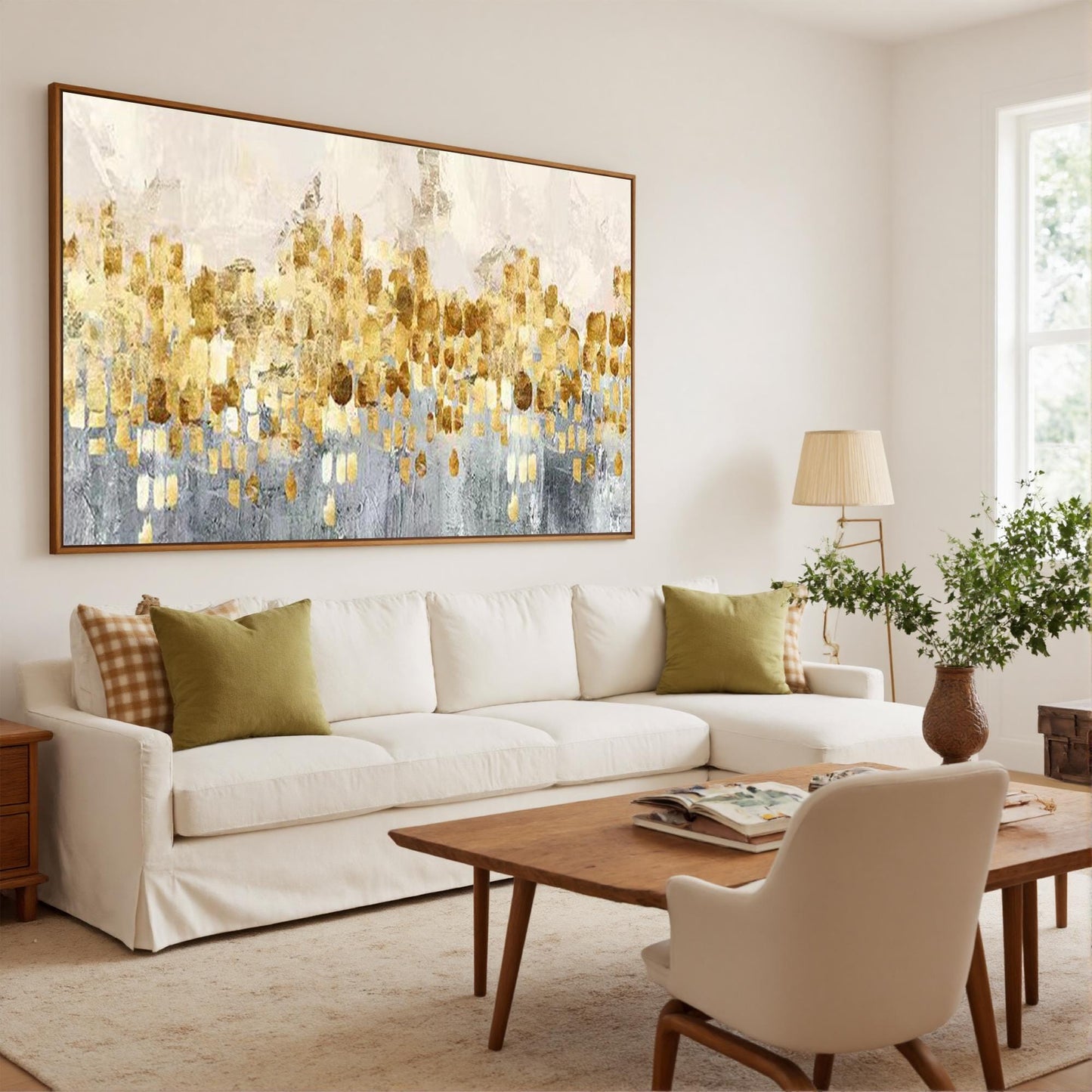 Large Gold Leaf – Panoramic Gold and Grey Botanical Leaf Wall Art | Minimalist Textured Painting, view 3