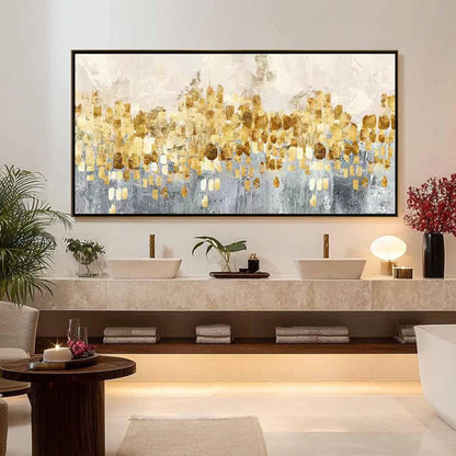 Panoramic Gold and Grey Minimalist Textured Botanical Leaf Wall Art Painting