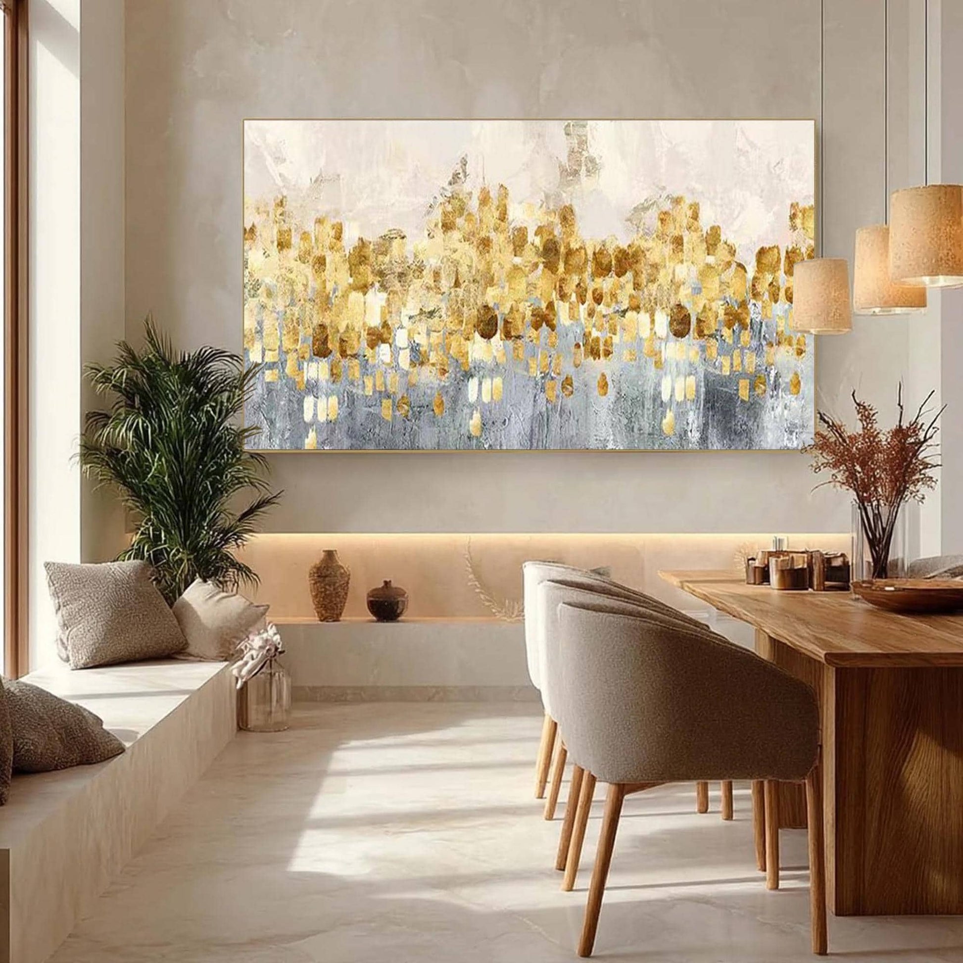 Large Gold Leaf – Panoramic Gold and Grey Botanical Leaf Wall Art | Minimalist Textured Painting, view 1