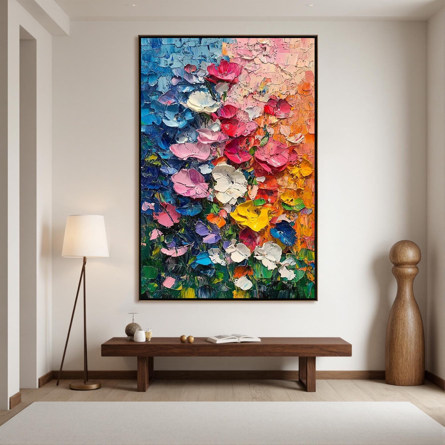 Textured Impasto Flower Painting, Palette Knife Floral Wall Art, 3D Canvas Living Room Decor – Colorful Flower Garden Floral 