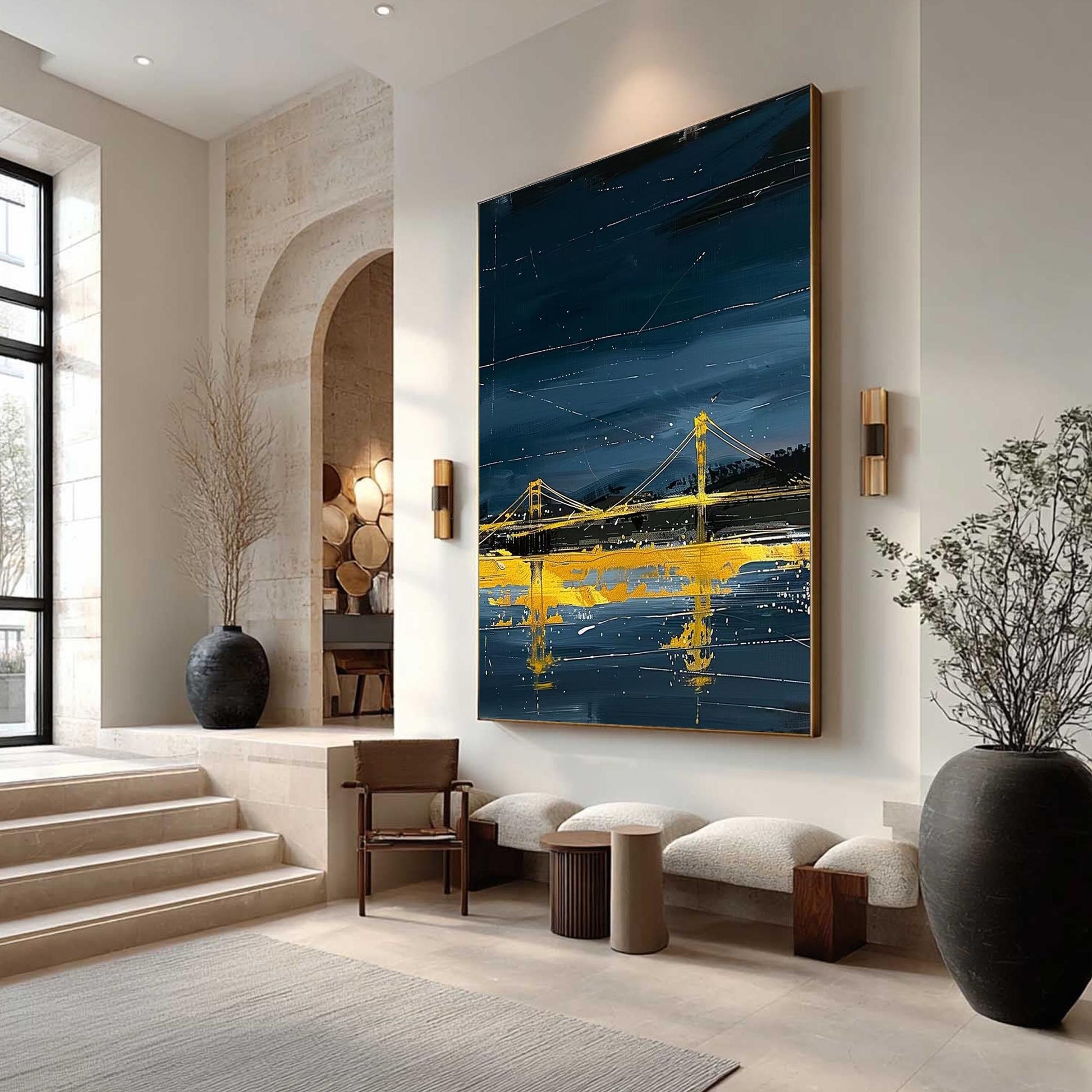 Abstract Bridge Painting, Gold Cityscape Wall Art, Navy Textured Canvas, Moody Urban Decor – Navy and Gold Bridge City Archit