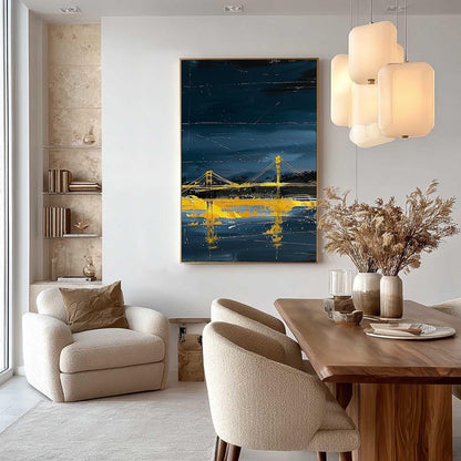 Navy and Gold Abstract Textured Bridge City Architecture Wall Art