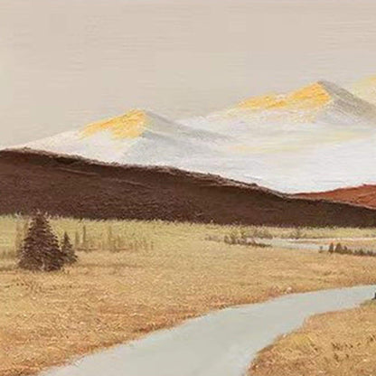Gold Impasto Field Landscape Wall Art – Textured Mountain Landscape Oil Painting