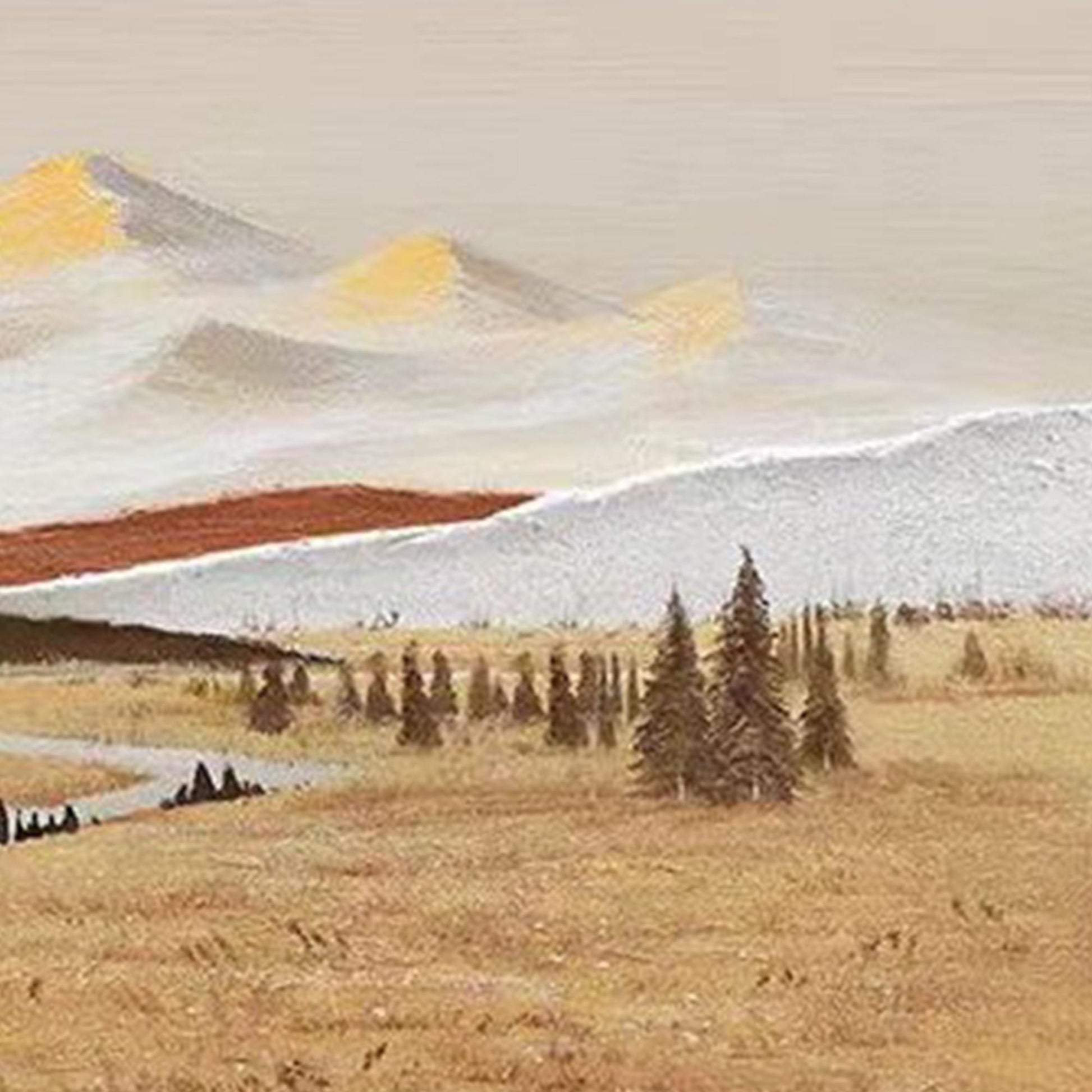 Textured Mountain Landscape Oil Painting, Golden Fields, Snow-Capped Peaks, Living Room Wall Decor – Gold Field Landscape Wal