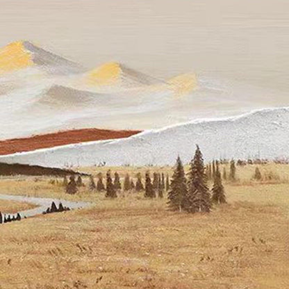 Textured Mountain Landscape Oil Painting, Golden Fields, Snow-Capped Peaks, Living Room Wall Decor – Gold Field Landscape Wal