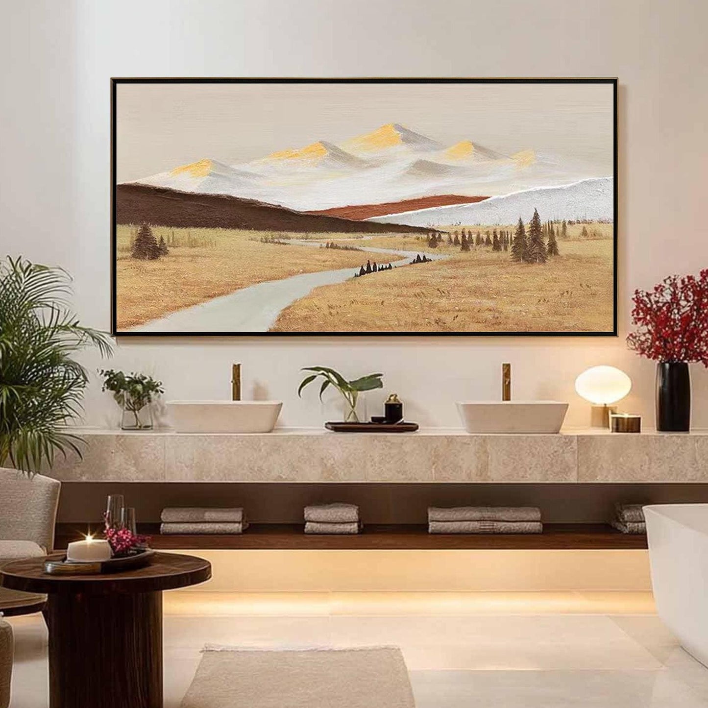 Gold Impasto Field Landscape Wall Art – Textured Mountain Landscape Oil Painting