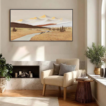 Gold Impasto Field Landscape Wall Art – Textured Mountain Landscape Oil Painting