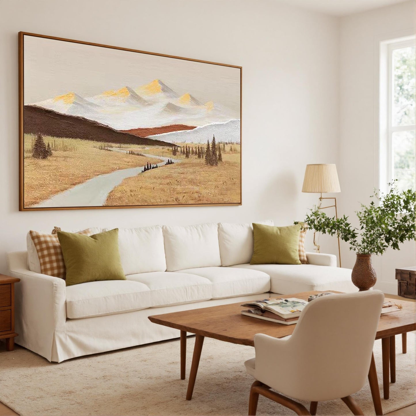 Textured Mountain Landscape Oil Painting, Golden Fields, Snow-Capped Peaks, Living Room Wall Decor – Gold Field Landscape Wal