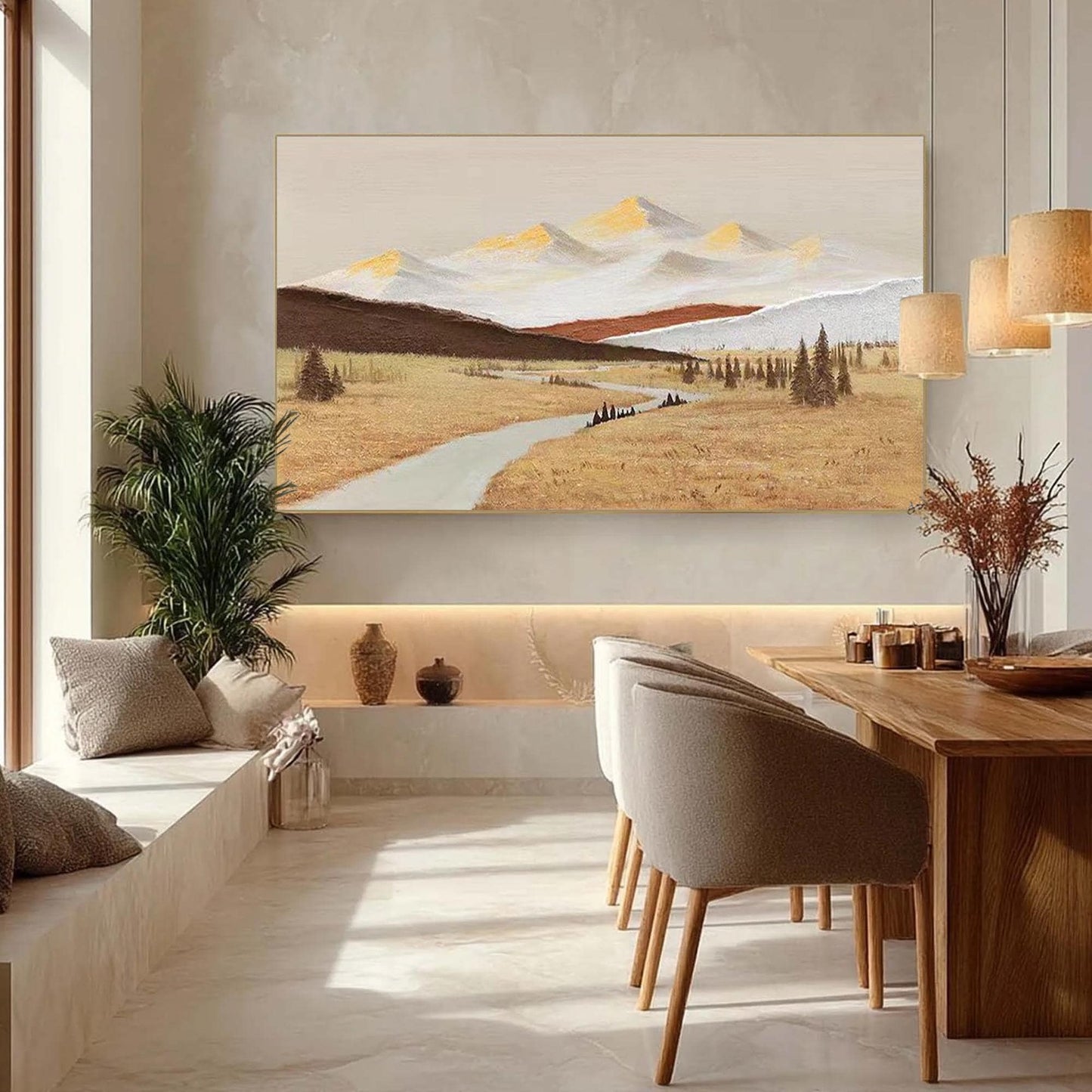 Textured Mountain Landscape Oil Painting, Golden Fields, Snow-Capped Peaks, Living Room Wall Decor – Gold Field Landscape Wal