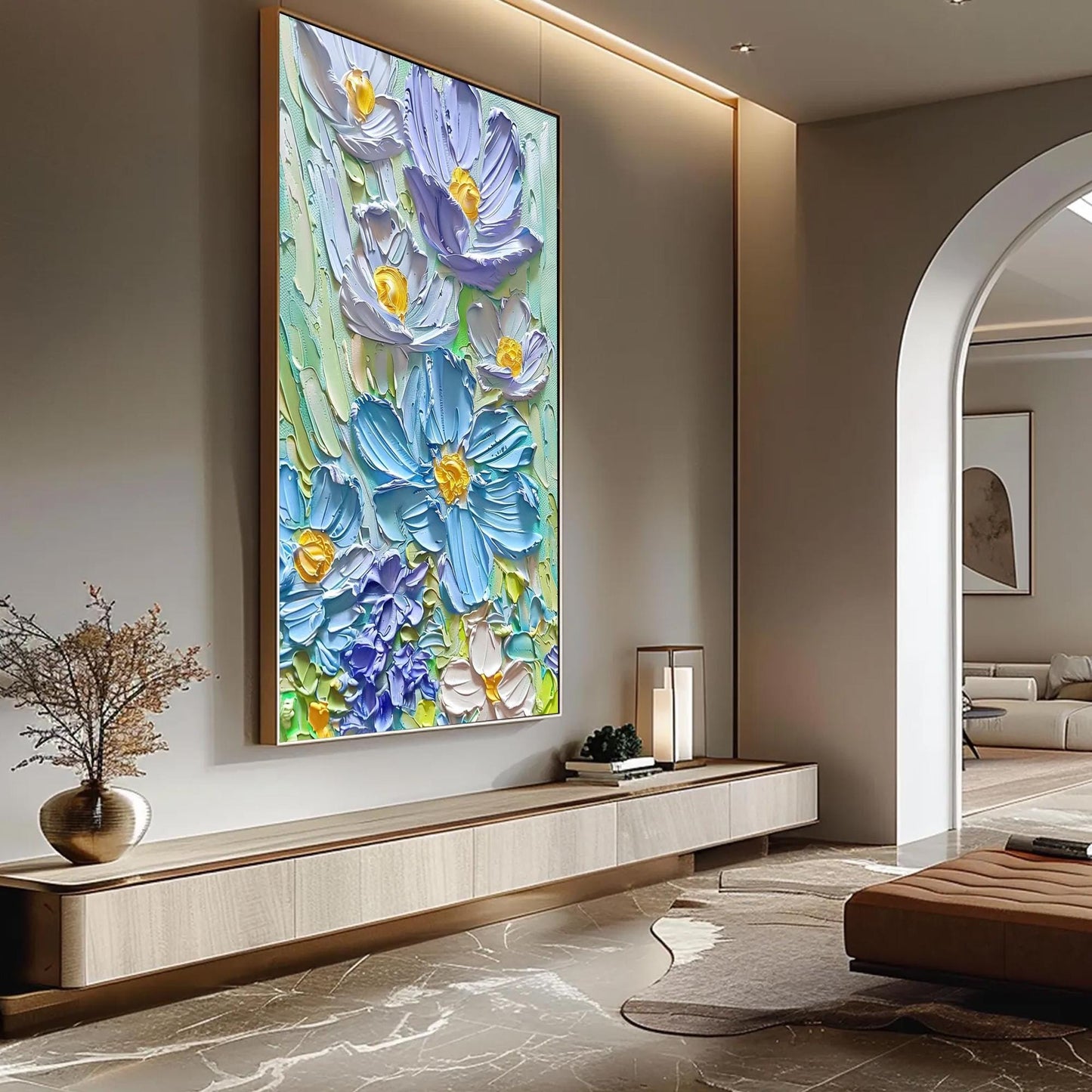 Textured Floral Oil Painting, Blue Yellow Bouquet Impasto Art, Vibrant Flower Wall Decor – Blue and Yellow Rose Floral Wall A