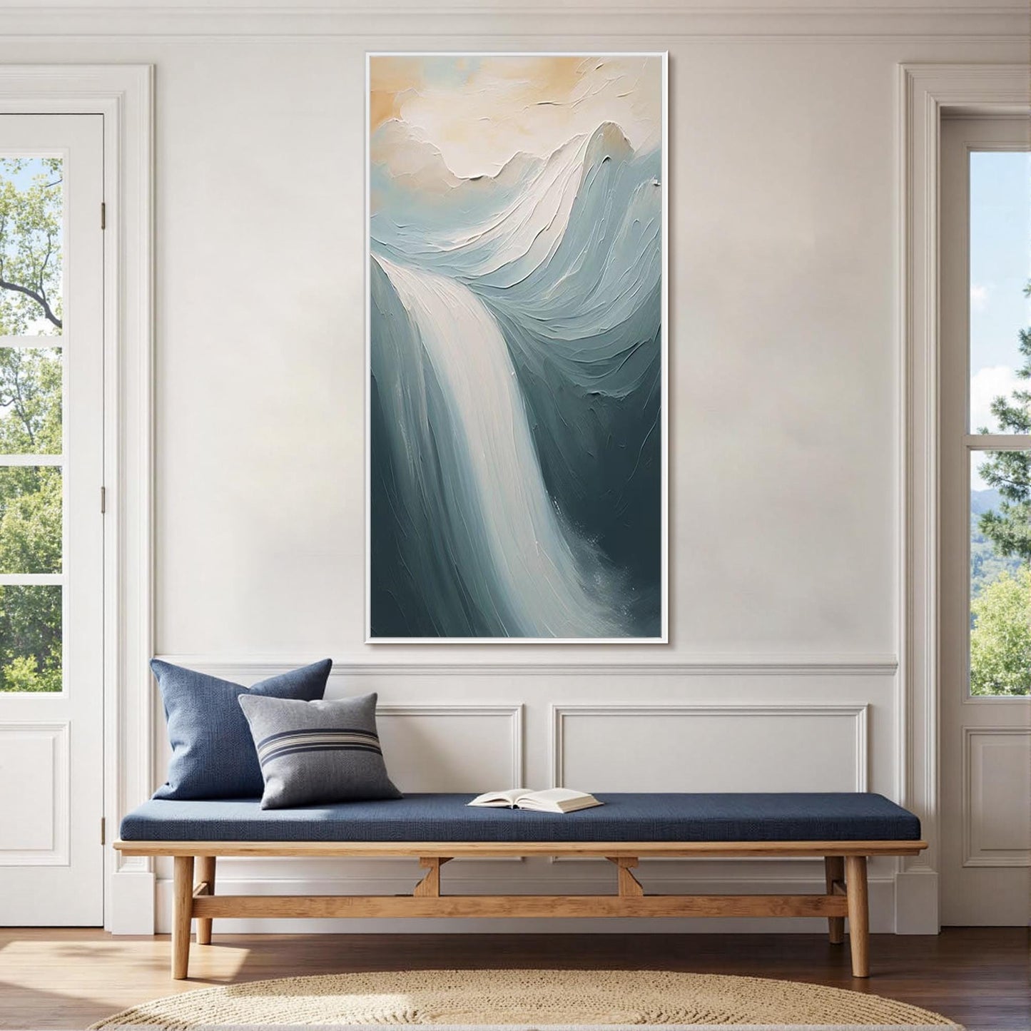 Textured Waterfall Oil Painting, Impasto Landscape Art, Blue Green Nature Decor – Blue and Green Waterfall Landscape Wall Art
