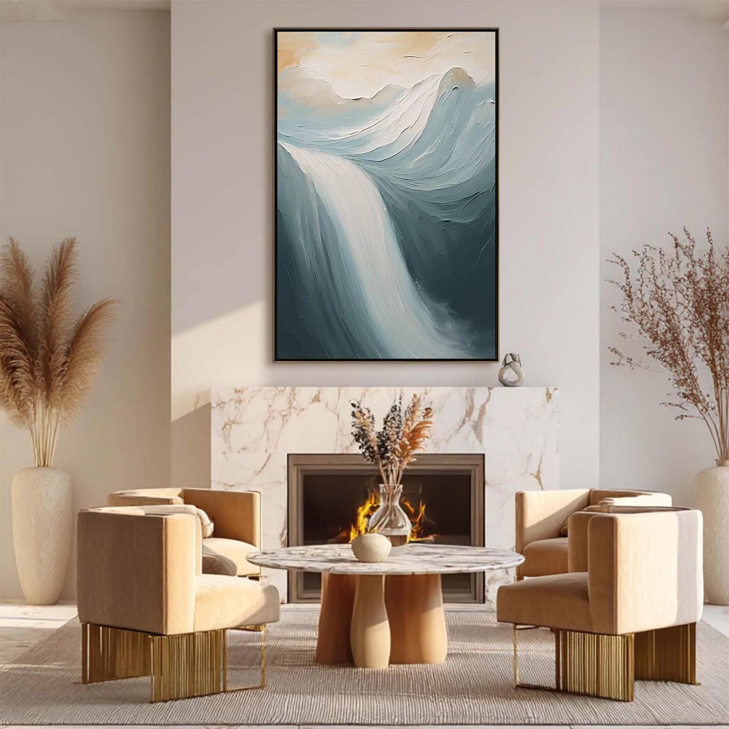 Textured Waterfall Oil Painting, Impasto Landscape Wall Art