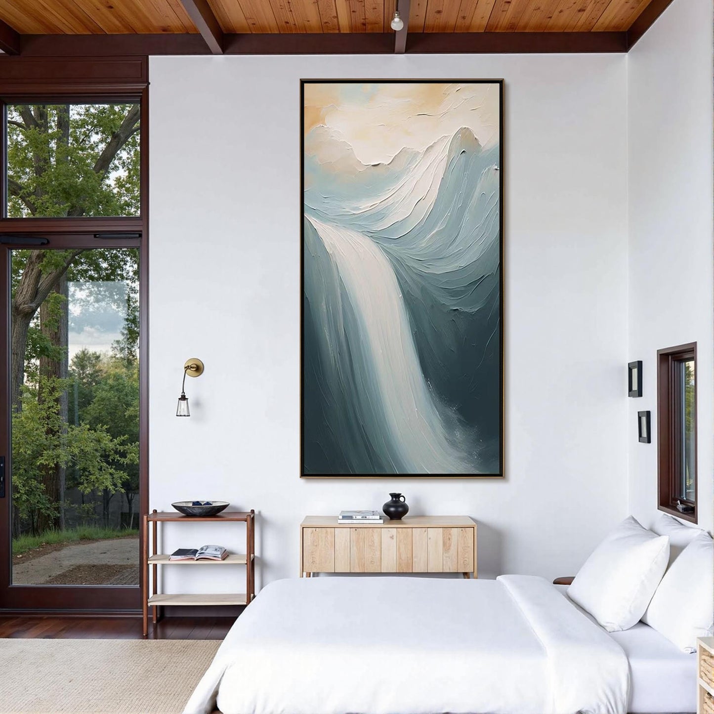 Textured Waterfall Oil Painting, Impasto Landscape Wall Art