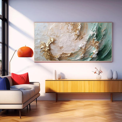Original Abstract Golden Waves Oil Painting – Teal and Gold Seascape Wall Art | Abstract Textured Oil Painting, view 1