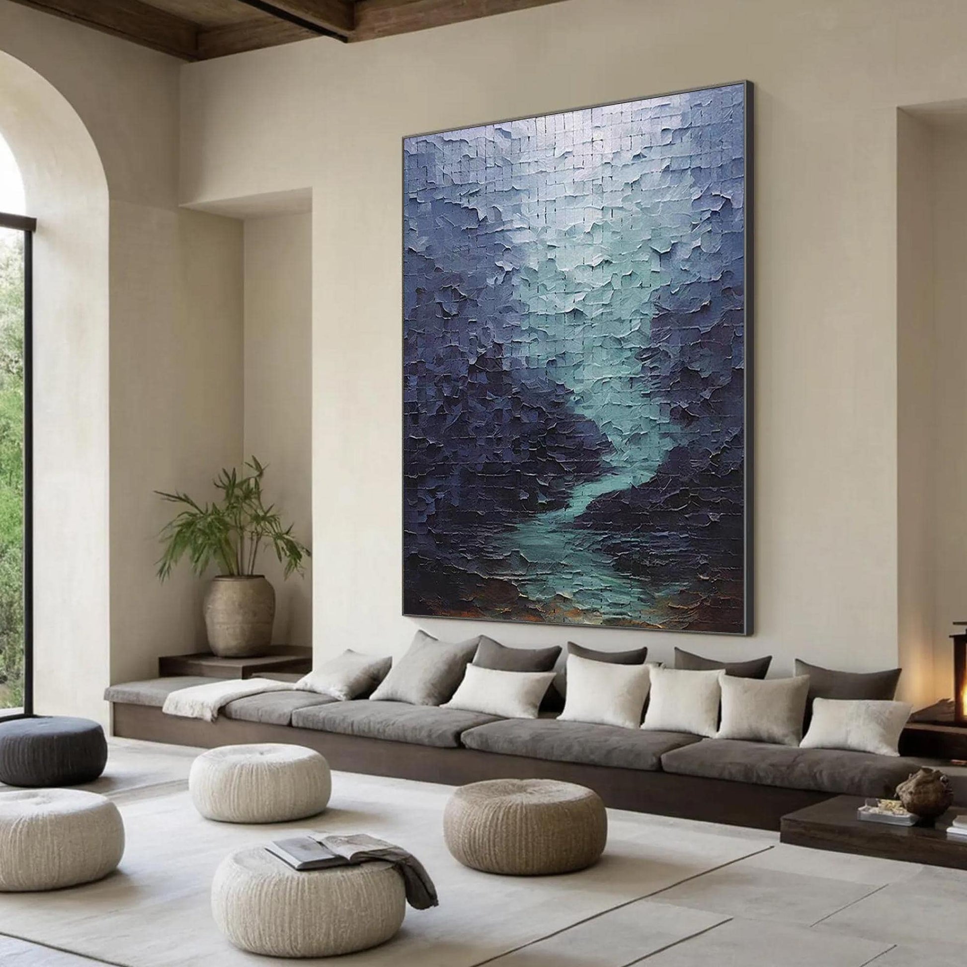 Textured Impasto River Oil Painting, Abstract Modern Canvas Wall Art – Blue River Landscape Wall Art | Abstract Impasto Hand-