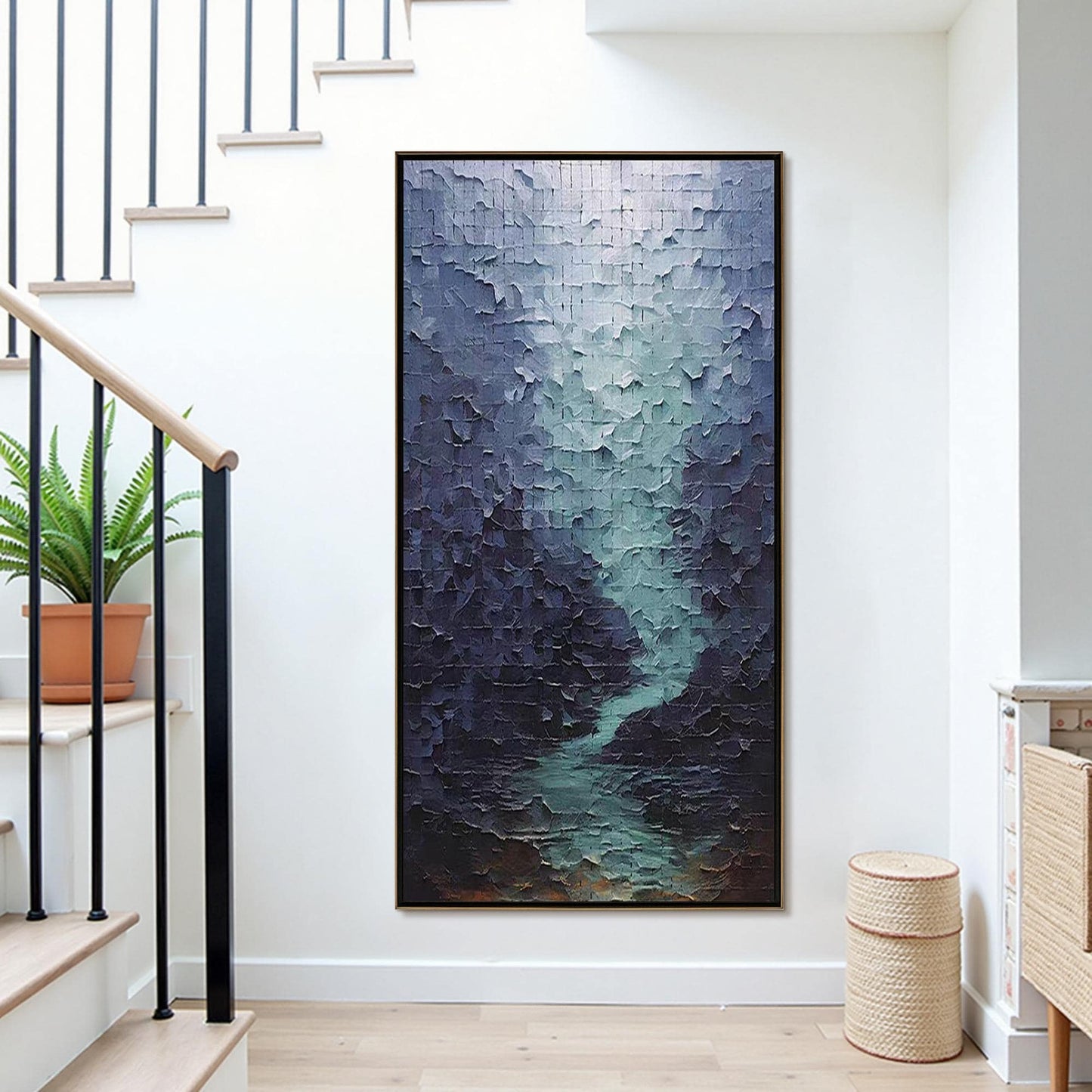 Textured Impasto River Oil Painting, Abstract Modern Canvas Wall Art – Blue River Landscape Wall Art | Abstract Impasto Hand-