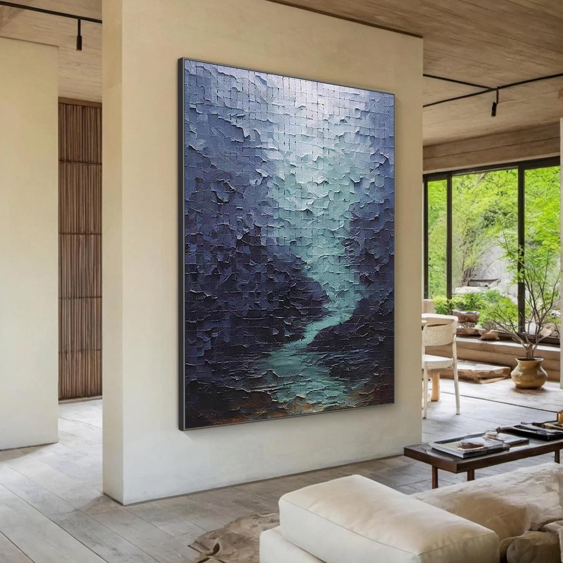 Textured Impasto River Oil Painting, Abstract Modern Canvas Wall Art – Blue River Landscape Wall Art | Abstract Impasto Hand-