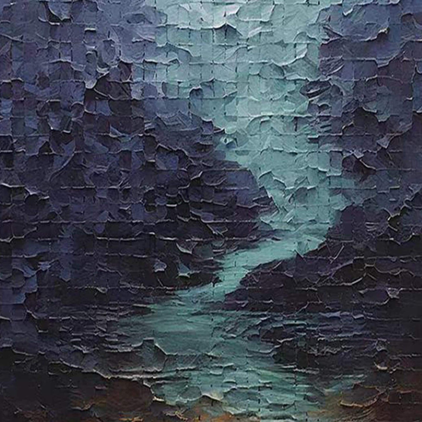 Blue Abstract Impasto River Landscape Wall Art – Textured Impasto River Oil Painting