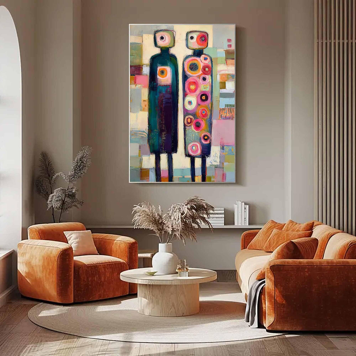 May include: A vertical rectangular canvas painting featuring two stylized figures with square heads. The left figure is dark blue with a central square, while the right figure is covered in colorful concentric circles. The background is abstract.