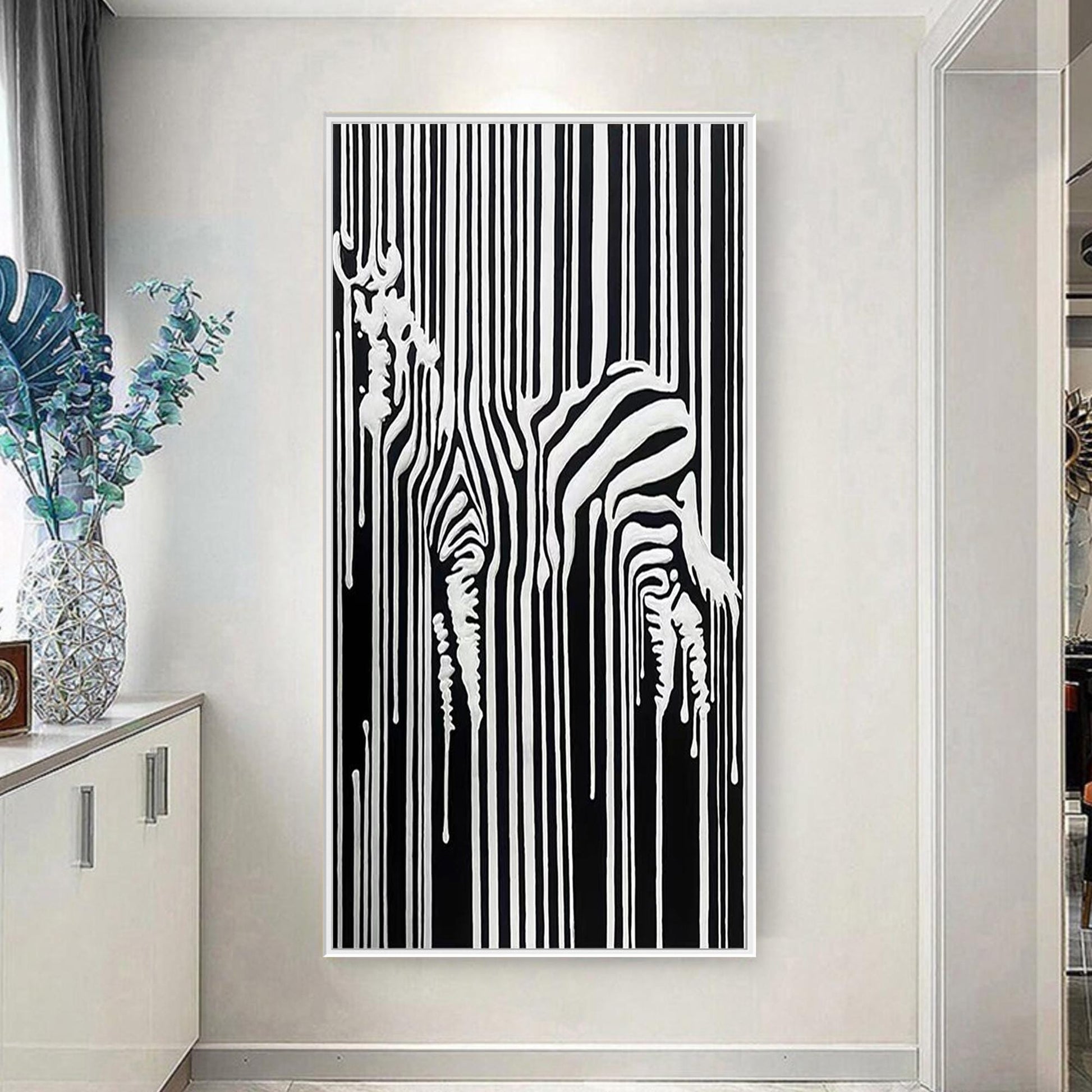 Abstract Zebra Oil Painting, Textured Black White Stripes Canvas Art – Black and White Abstract Wall Art | Textured Hand-Pain